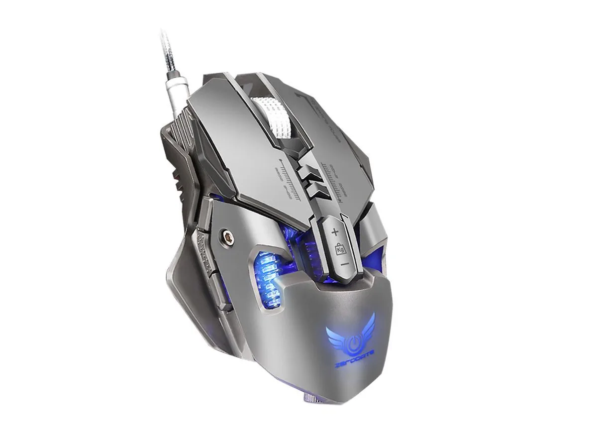 Silver right-hand wired gaming mouse with seven buttons and LED lighting