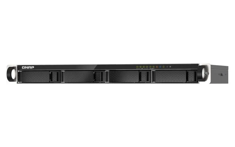 Silver rackmount NAS unit with short-depth chassis and front drive bays