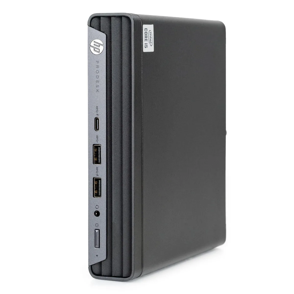 Small black mini desktop PC with front USB ports and power button