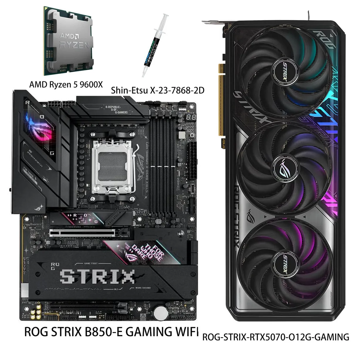 ASUS ROG Strix RTX 5070 graphics card in silver with triple-fan cooler