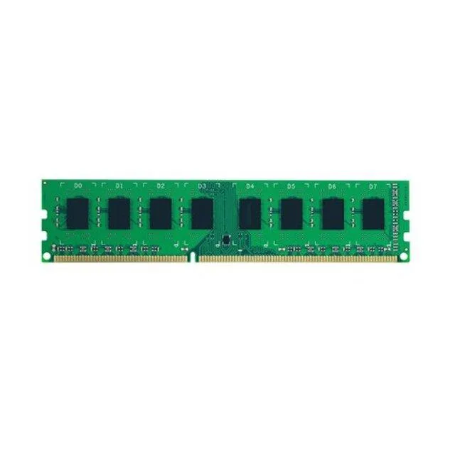 Green circuit board with black memory chips and gold edge connectors