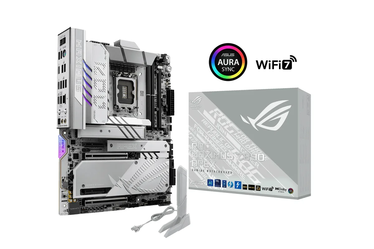 Black ATX motherboard with silver heatsinks, two DDR5 slots and angled M.2 covers