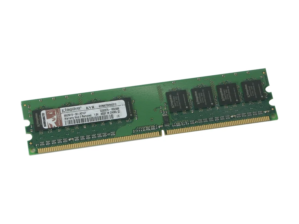 Green rectangular circuit board with gold edge connectors and black memory chips