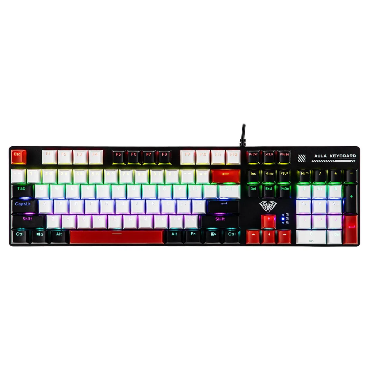 Full-size wired gaming keyboard in black and red with RGB backlighting and tactile switches