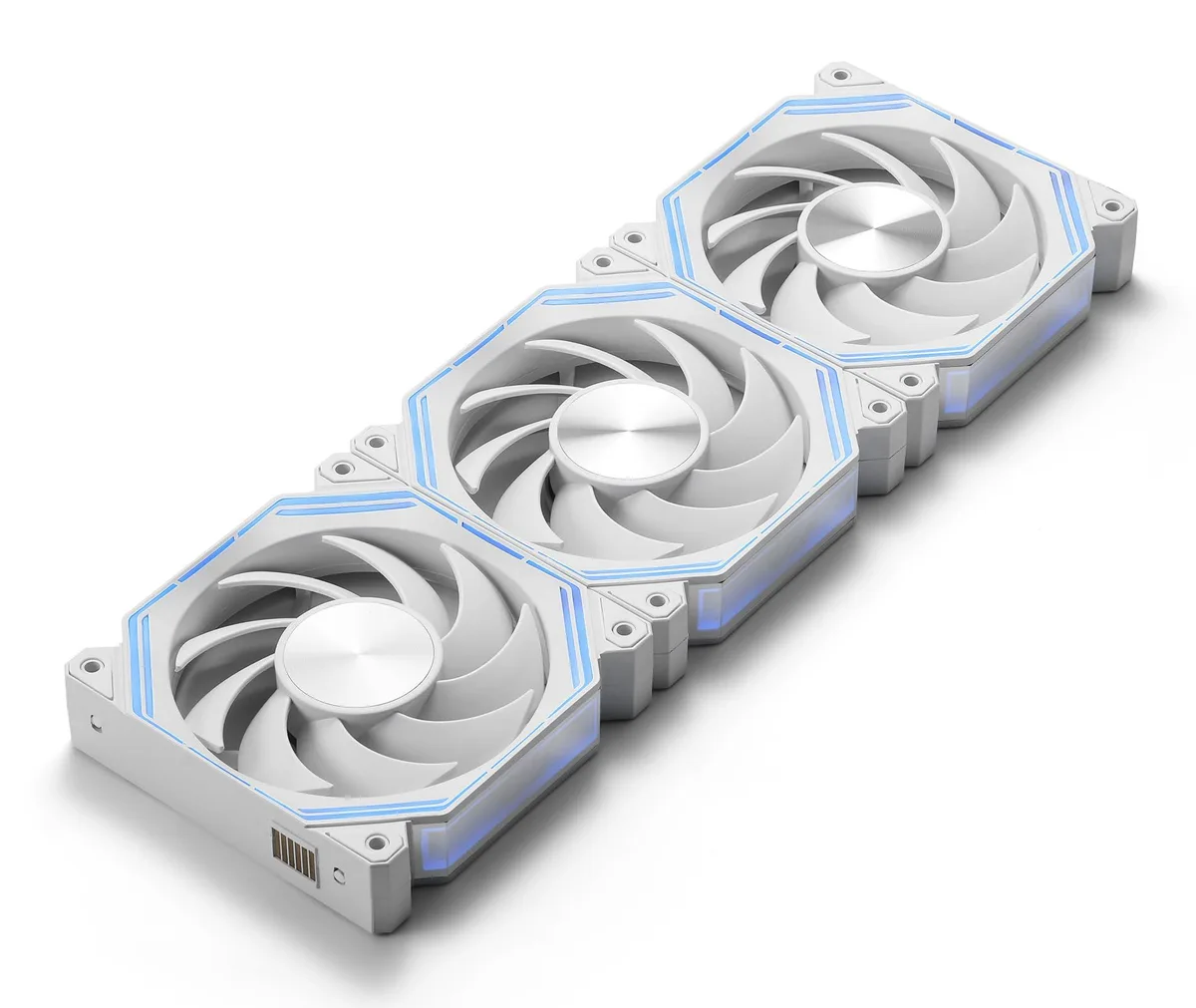 Three white 120mm case fans with infinity mirror ARGB lighting on both sides, 28mm thick, hydro bearing, daisy-chain connectors