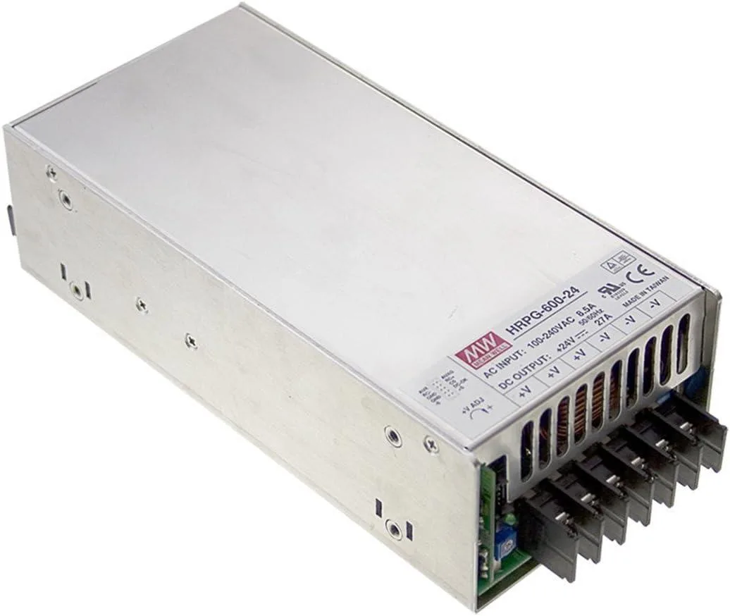 Rectangular metal power supply unit with built-in cooling fan and terminal connections