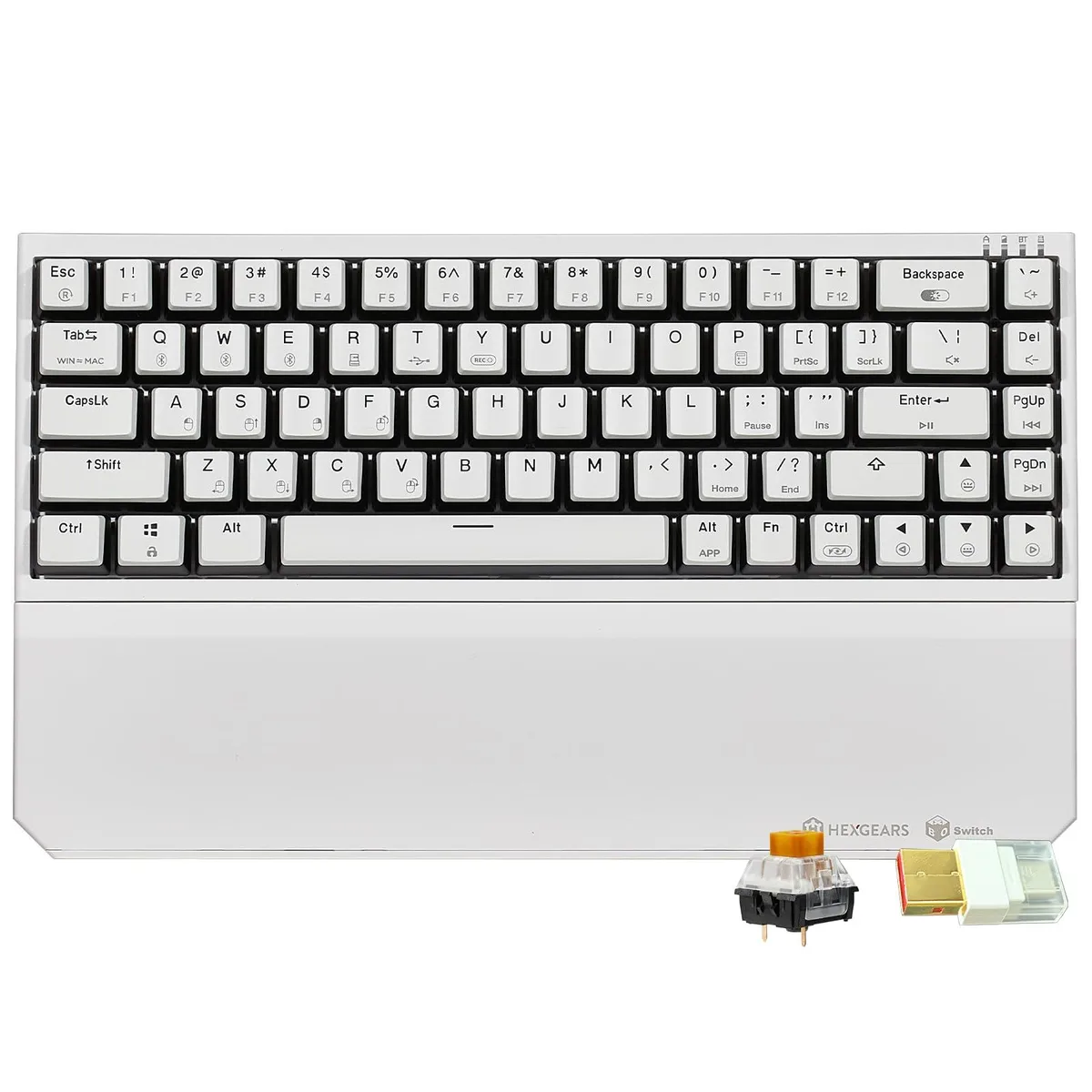 Compact white 68-key mechanical keyboard with pudding keycaps and wrist rest