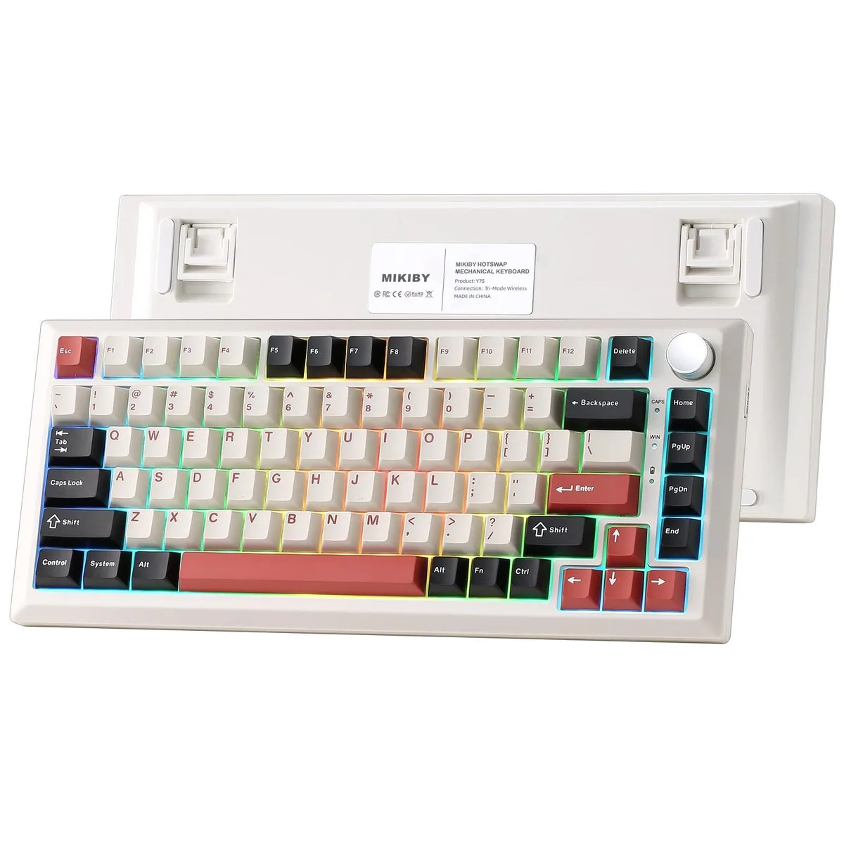White and red 75% mechanical keyboard with rotary knob and PBT keycaps