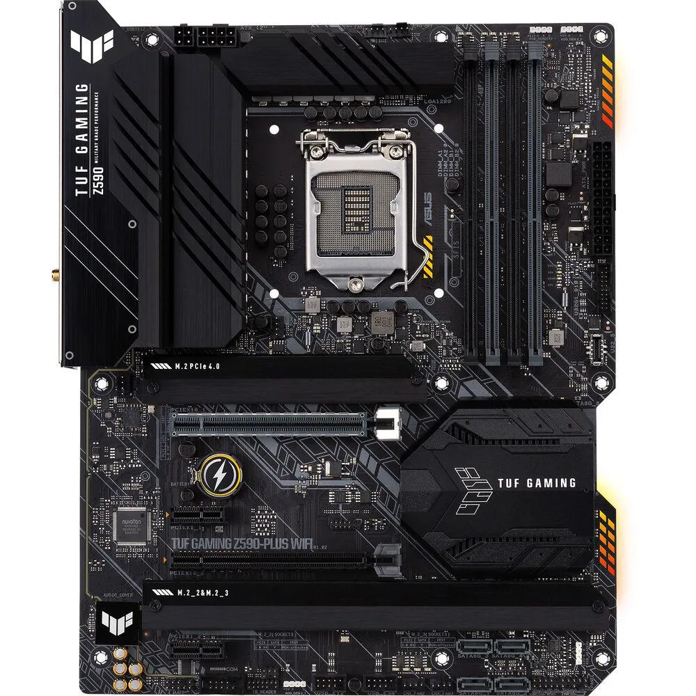 ATX motherboard with dark PCB, metallic heatsinks and rear I/O shield