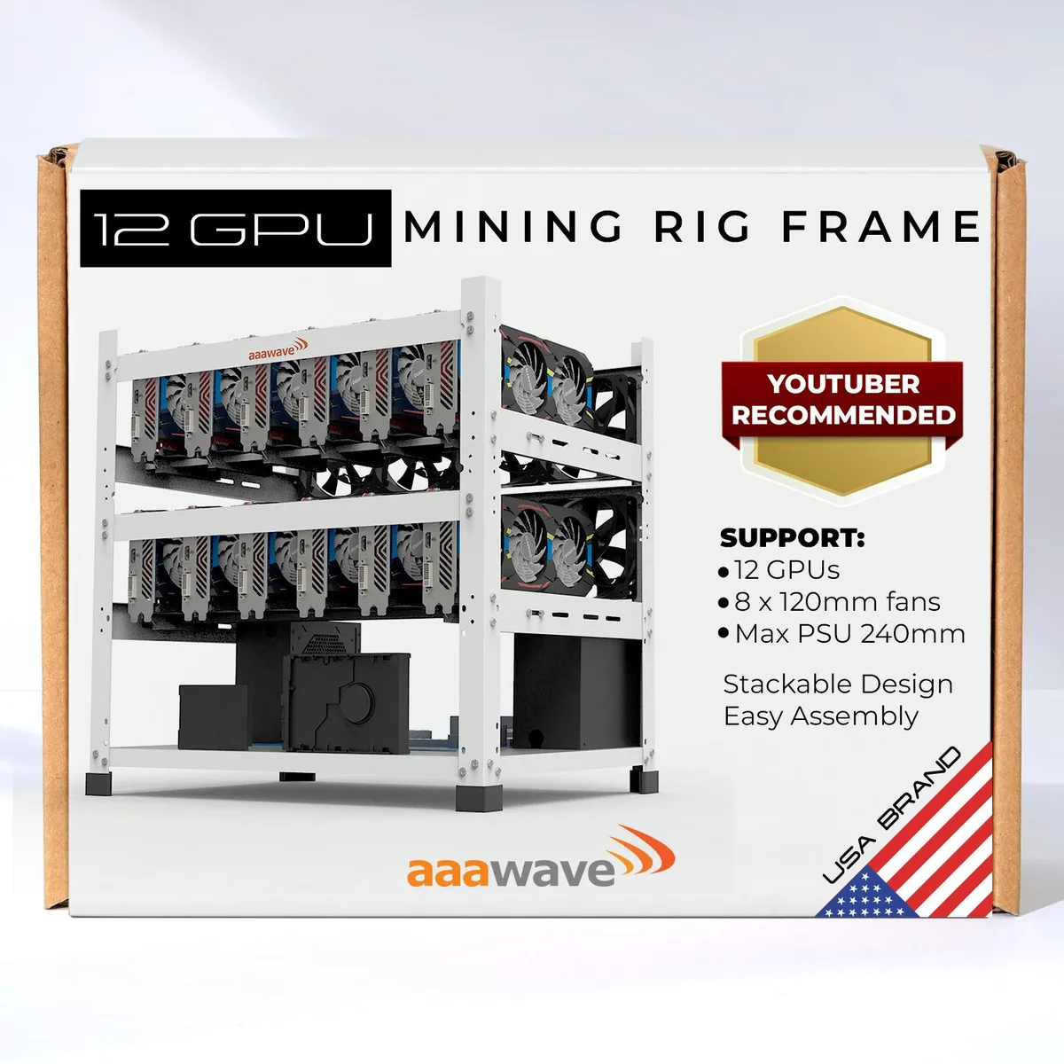White steel open mining frame with twelve GPU slots and dual PSU mounts