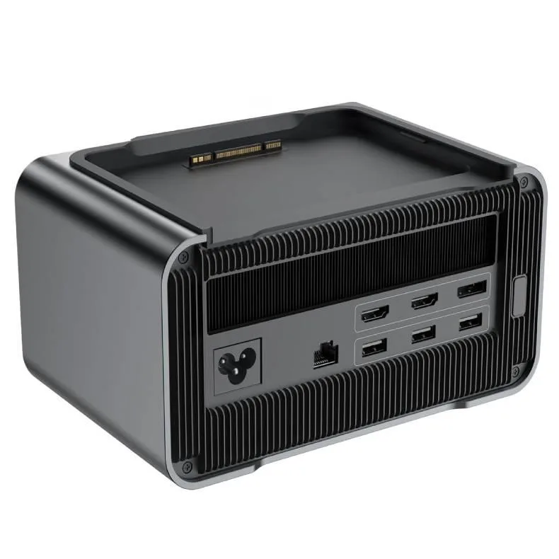 Compact silver aluminium eGPU dock with integrated speakers