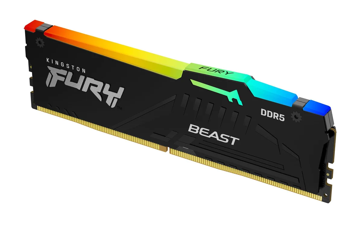 Single black DDR5 memory module with RGB light bar and 16GB capacity
