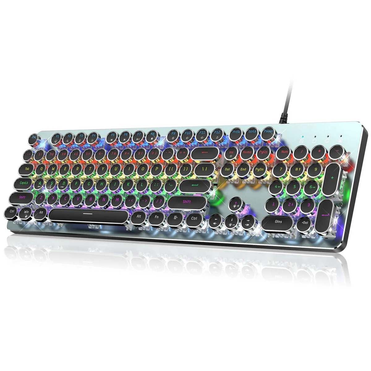 Black typewriter-style gaming keyboard with round retro keycaps, metal panel, rainbow LED backlight, 104 keys