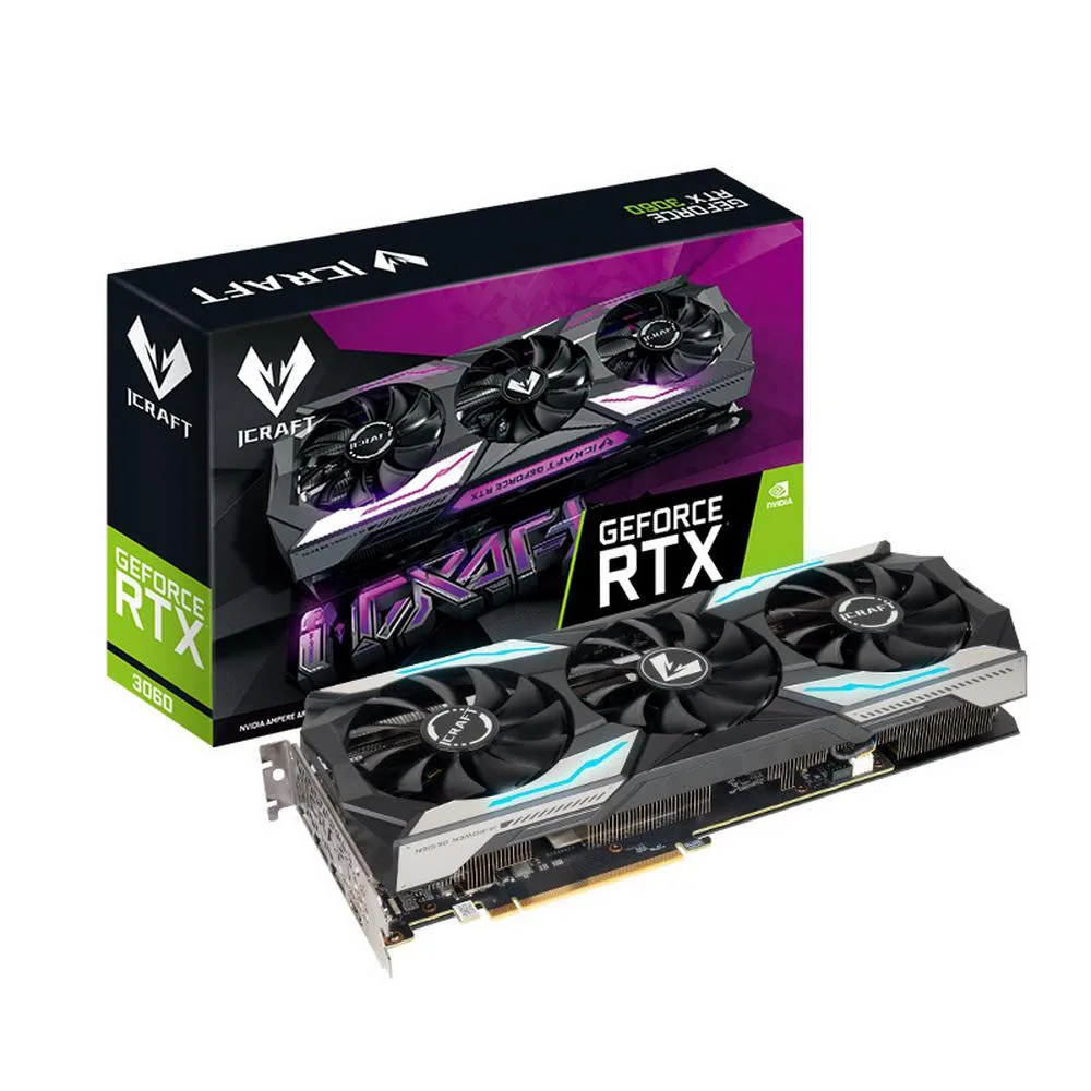MAXSUN GeForce RTX 3060 iCraft OC Edition 12GB graphics card with triple-fan cooler and RGB lighting