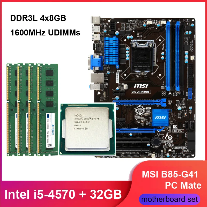 MSI B85-G41 PC Mate motherboard with Intel Core i5-4570 CPU and four DDR3L memory modules