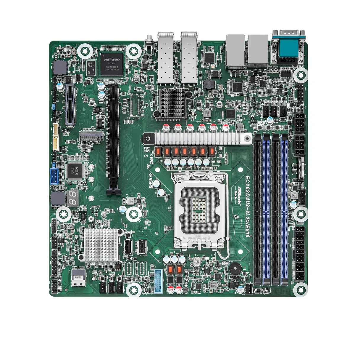 Green server motherboard, micro-ATX form factor, two SFP28 ports, IPMI header visible