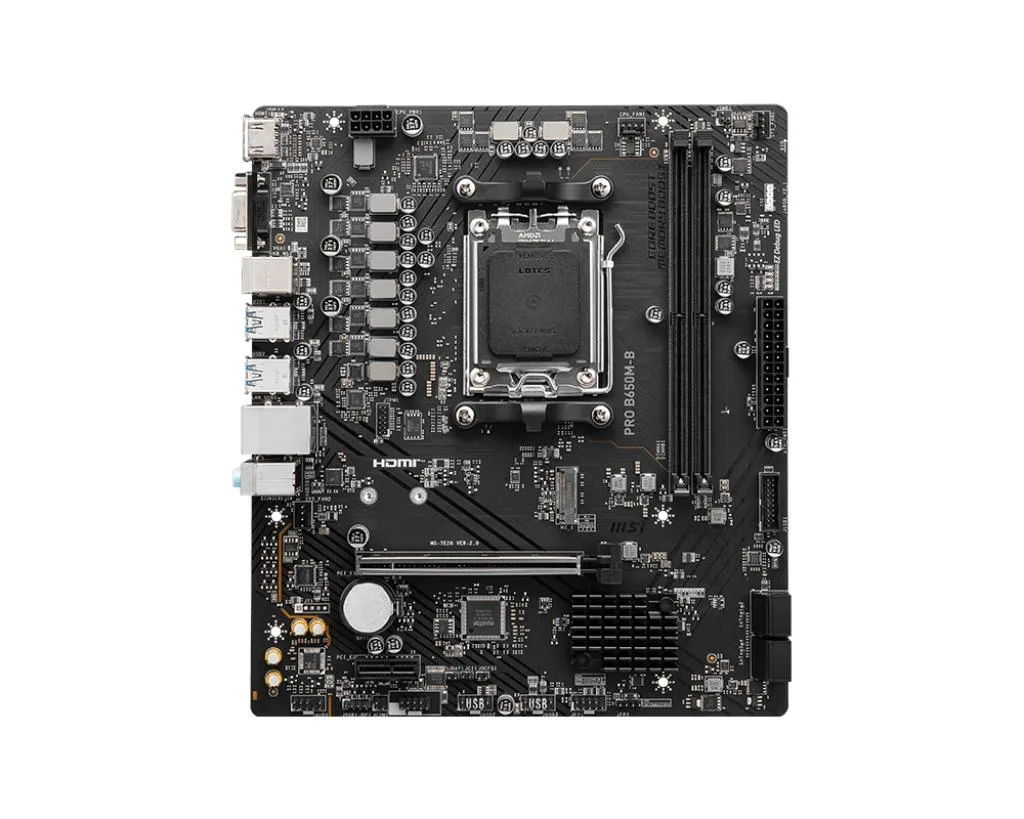 MSI PRO B650M-B micro ATX motherboard with chipset heatsink and reinforced PCIe slot