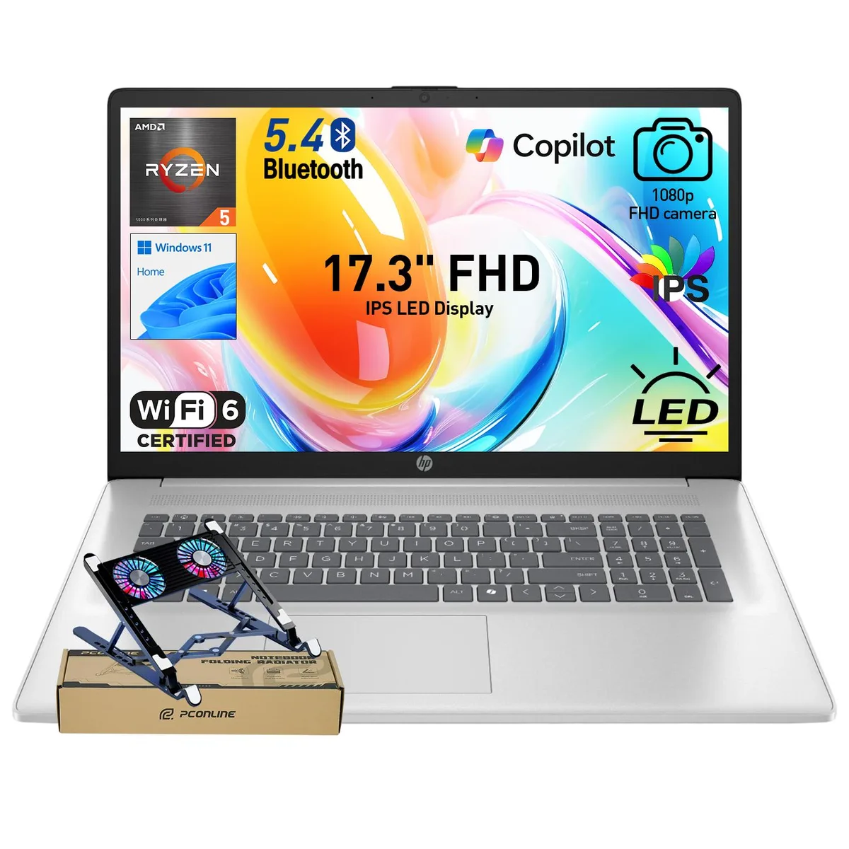 HP HP 17.3" FHD Laptop Ryzen 5 7430U 8GB 512GB Silver w/Cooler — product photo