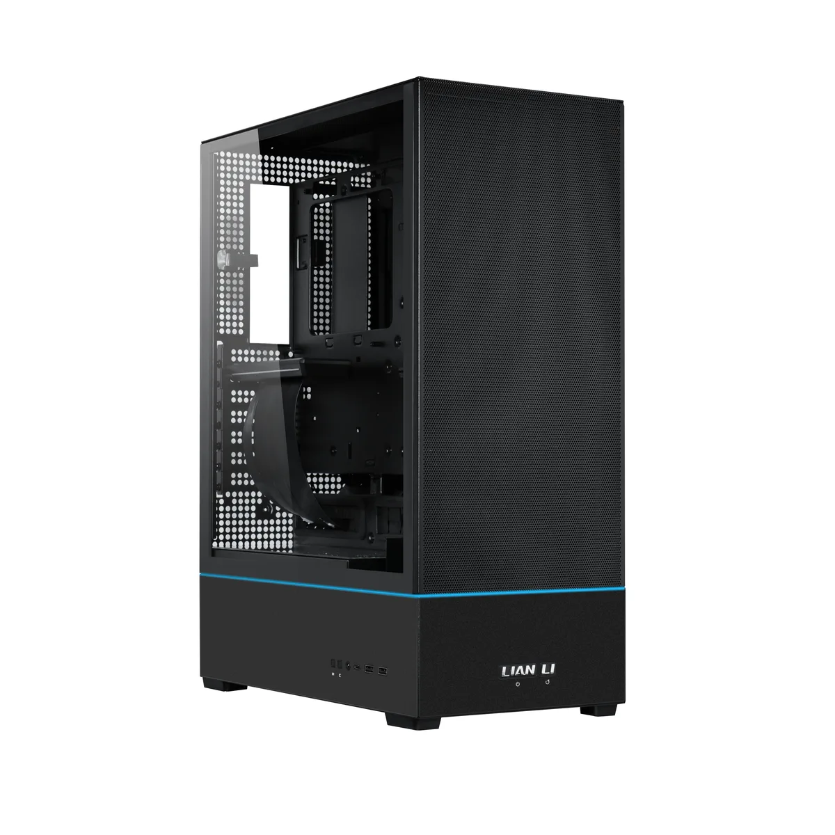 Black steel mid tower with tempered glass side panel, vertical GPU mount and three 120mm fans