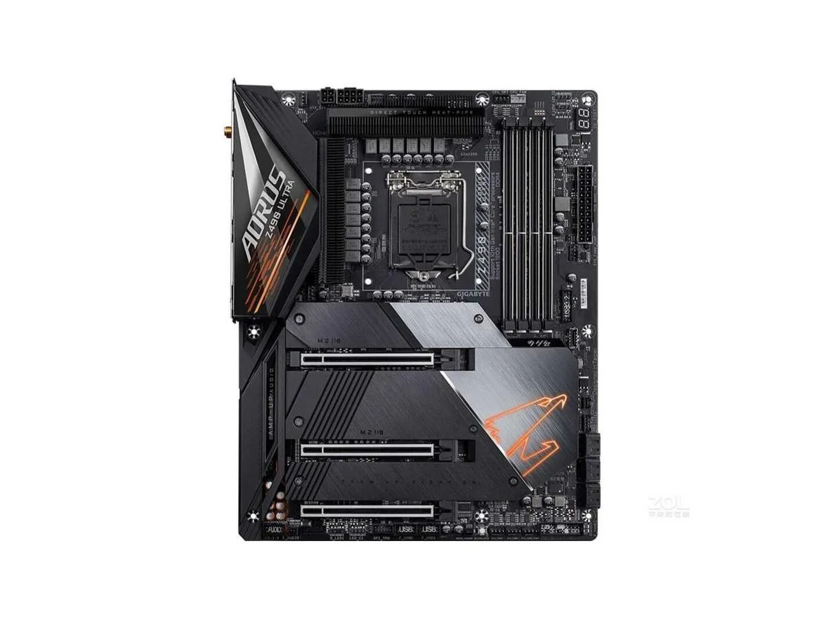 Rectangular ATX motherboard, dark PCB with silver heatsinks and black I/O shield