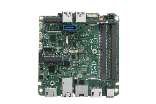 Compact square Intel motherboard, matte black finish, visible CPU area and SoDIMM slots