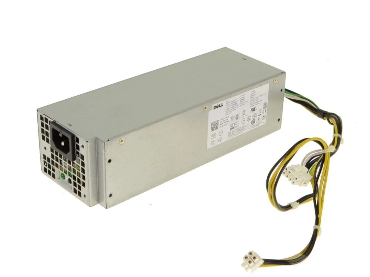 Small rectangular metal power supply unit with side fan grille and rear cable connectors