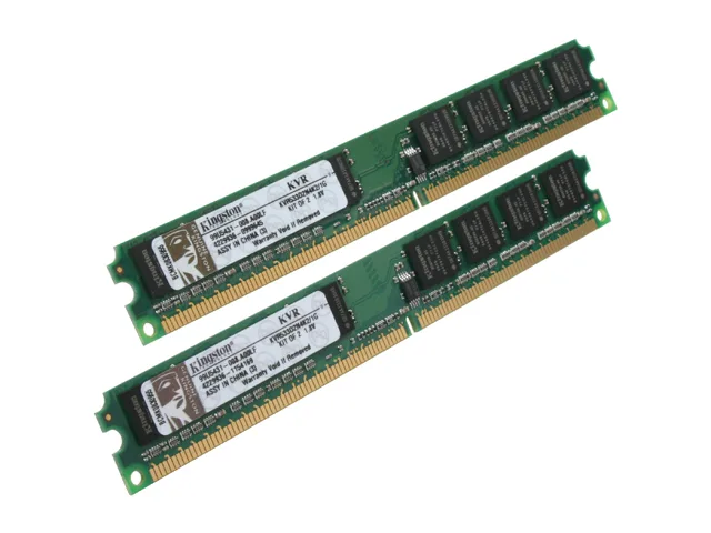 Two green DDR2 memory sticks with gold contacts and black chips