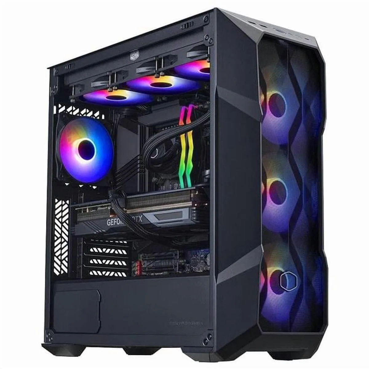 Black mid-tower gaming desktop with liquid cooling visible