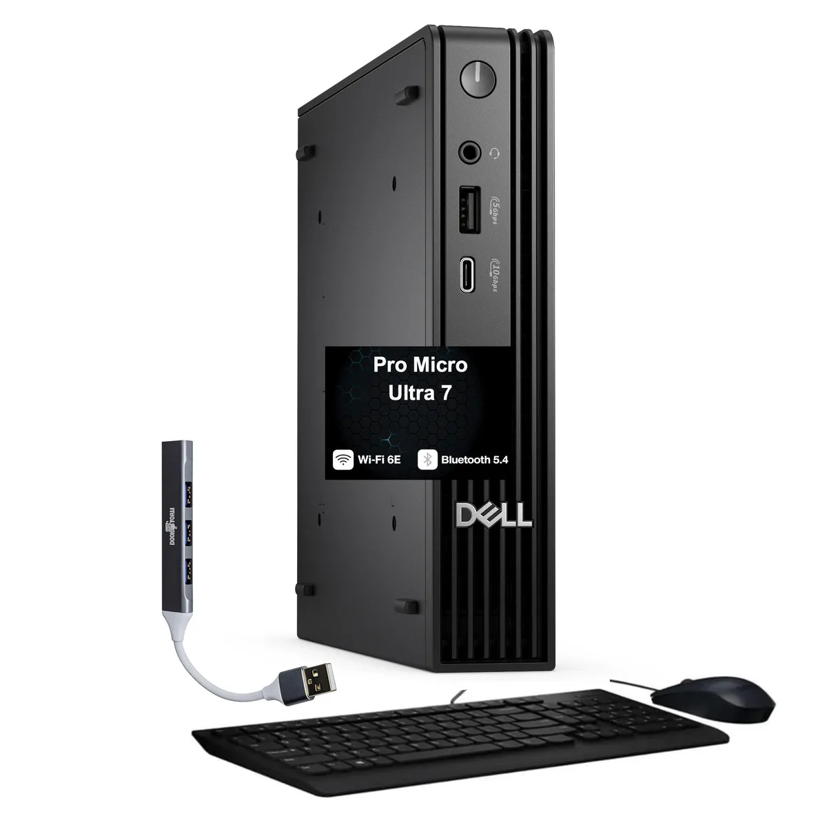Small black micro desktop, 7.25 by 7.9 by 1.5 inches, with wired keyboard and mouse