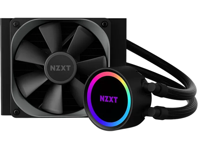 Black 120 mm AIO liquid cooler with infinity-mirror RGB pump head and single Aer P fan