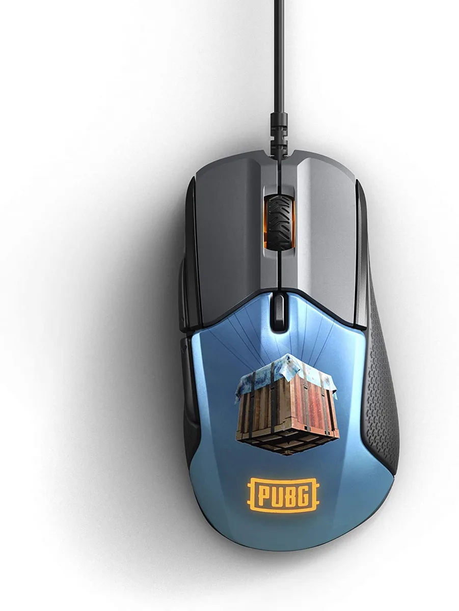 Right-handed ergonomic gaming mouse in blue with PUBG air drop graphic, matte finish and RGB lighting