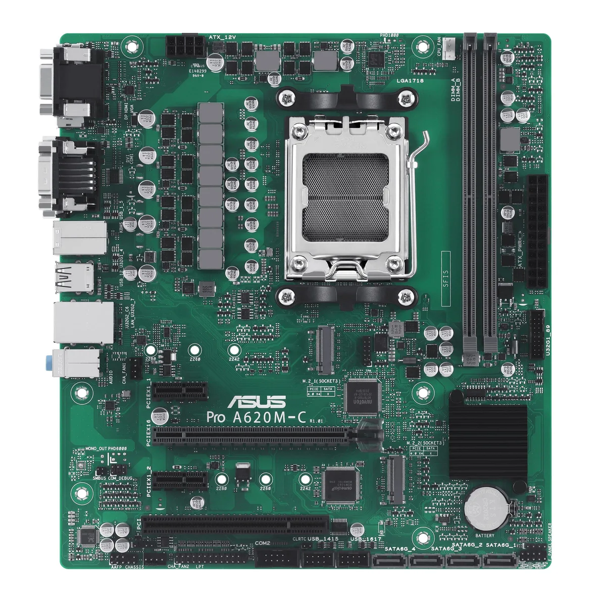 Green micro-ATX motherboard with silver heatsinks and black PCB