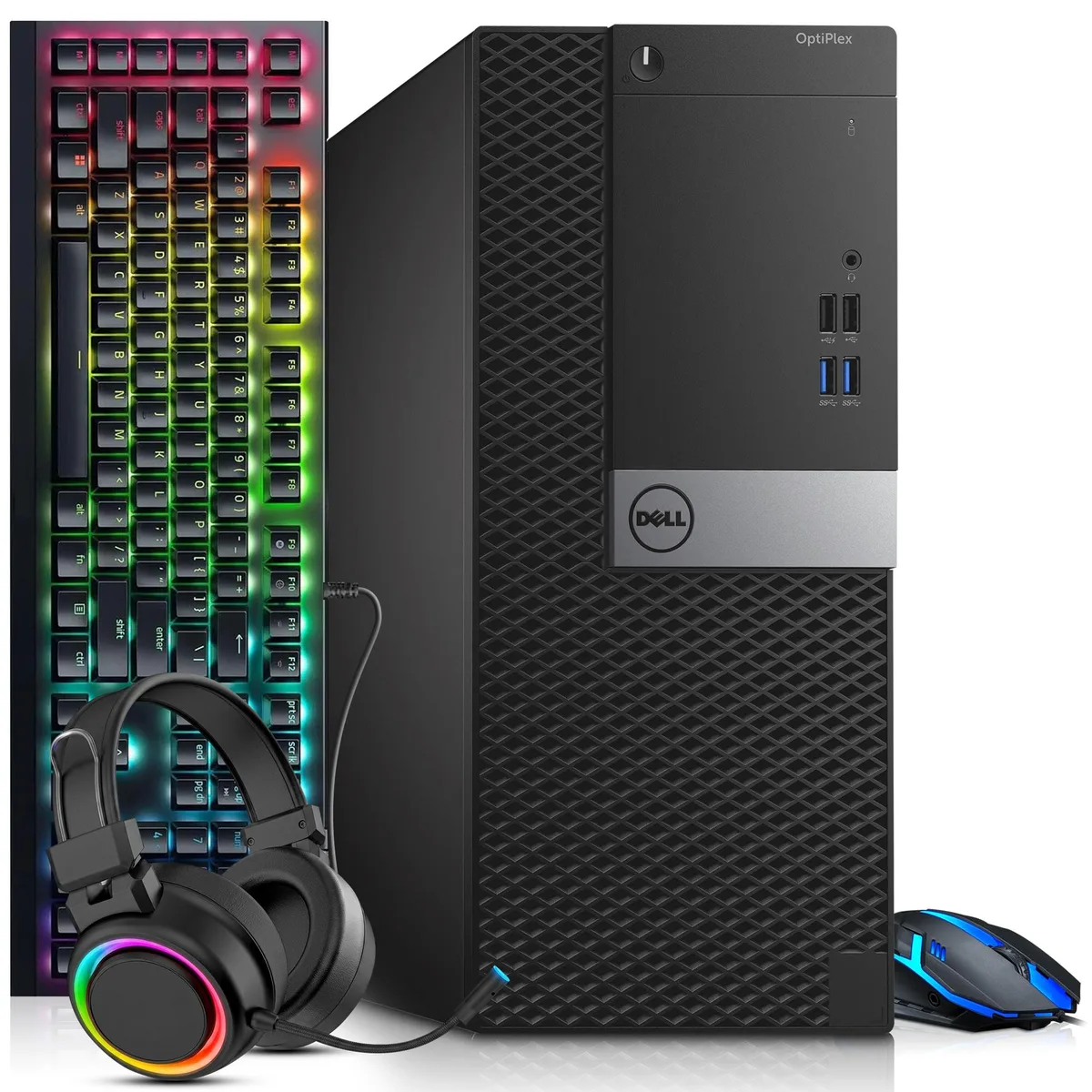 Black Dell OptiPlex 5040 mini tower with RGB keyboard, mouse and headset