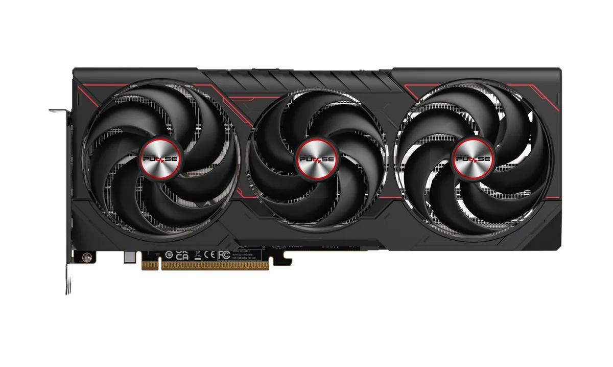 Sapphire Pulse Radeon RX 9070 XT graphics card, dual-fan cooler, dark grey shroud with red accent, metal backplate, two HDMI and two