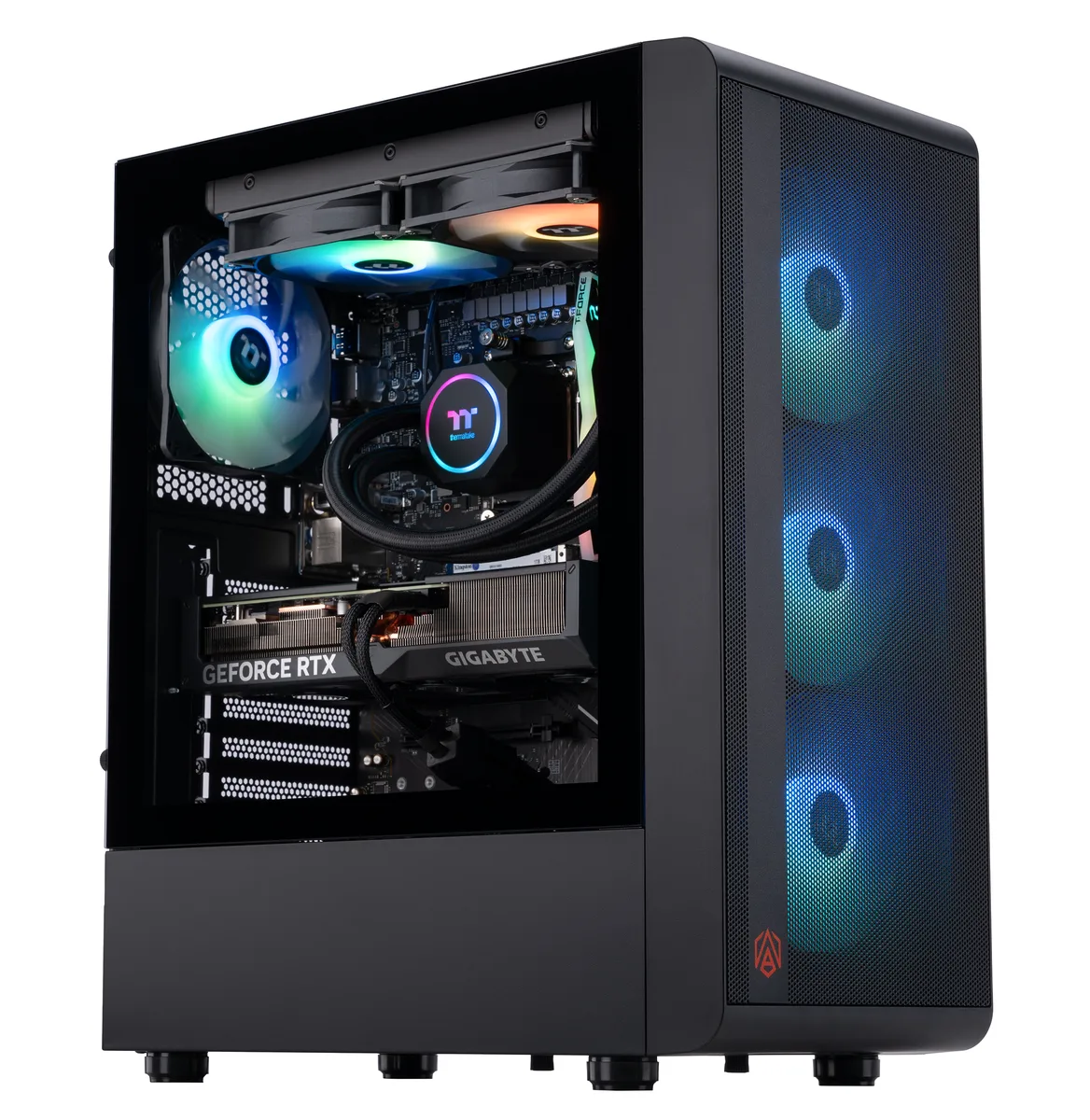 Black mid-tower desktop with RGB liquid cooler and graphics card visible through side panel