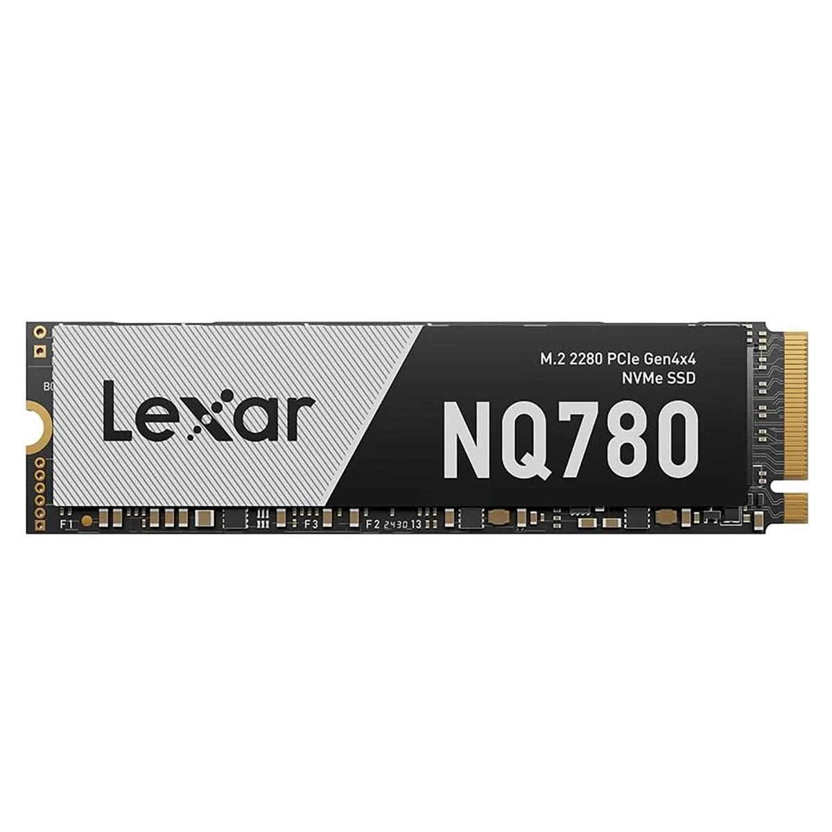 Green printed circuit board M.2 2280 SSD with black controller and NAND chips, no heatsink