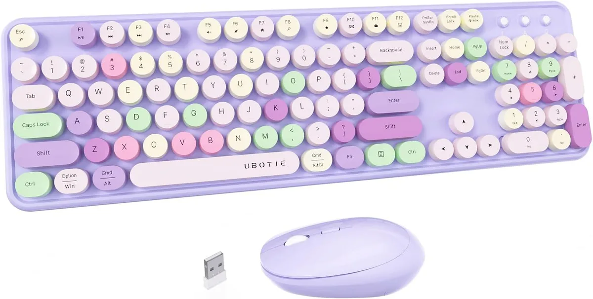 Purple multicolour full-size wireless keyboard with round retro keycaps and mirror finish