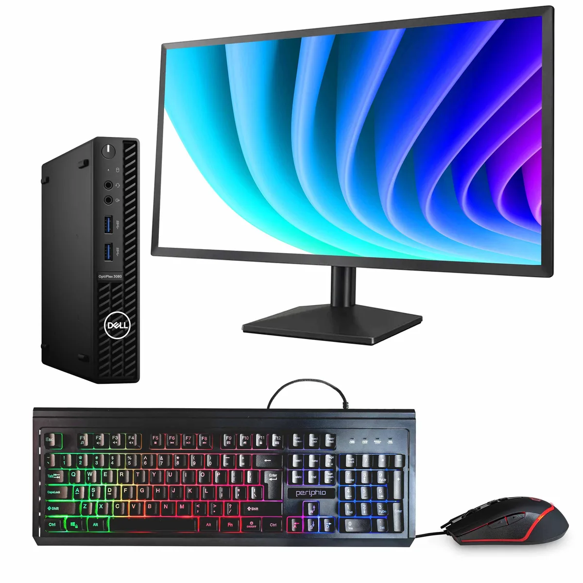 Black Dell OptiPlex 3080 Mini PC tower with 24 inch LCD monitor