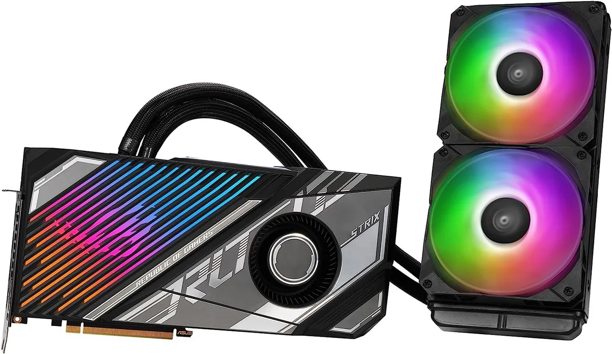 ASUS ROG Strix LC RTX 4090 liquid-cooled graphics card with 240 mm radiator and 560 mm tubing
