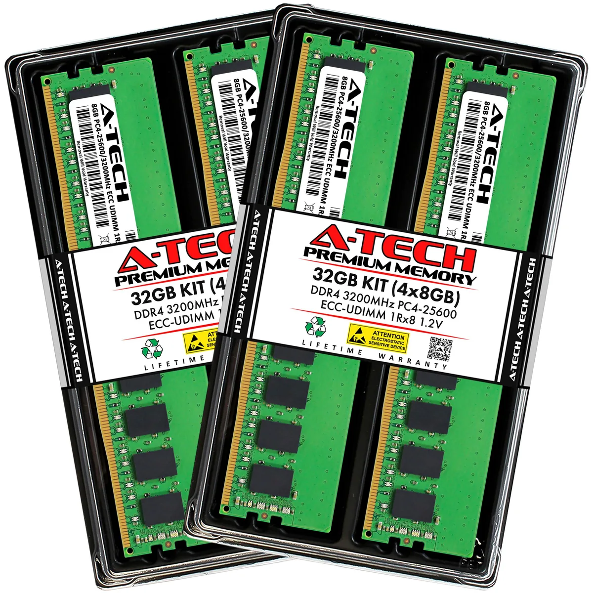 A-Tech A-Tech 32 GB (4x8 GB) DDR4 3200 MHz ECC UDIMM 1Rx8 CL22 1.2V 288-Pin Server RAM — produktbild