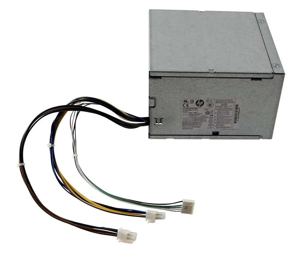 Silver metal rectangular ATX power supply unit with rear fan grille and cable bundle