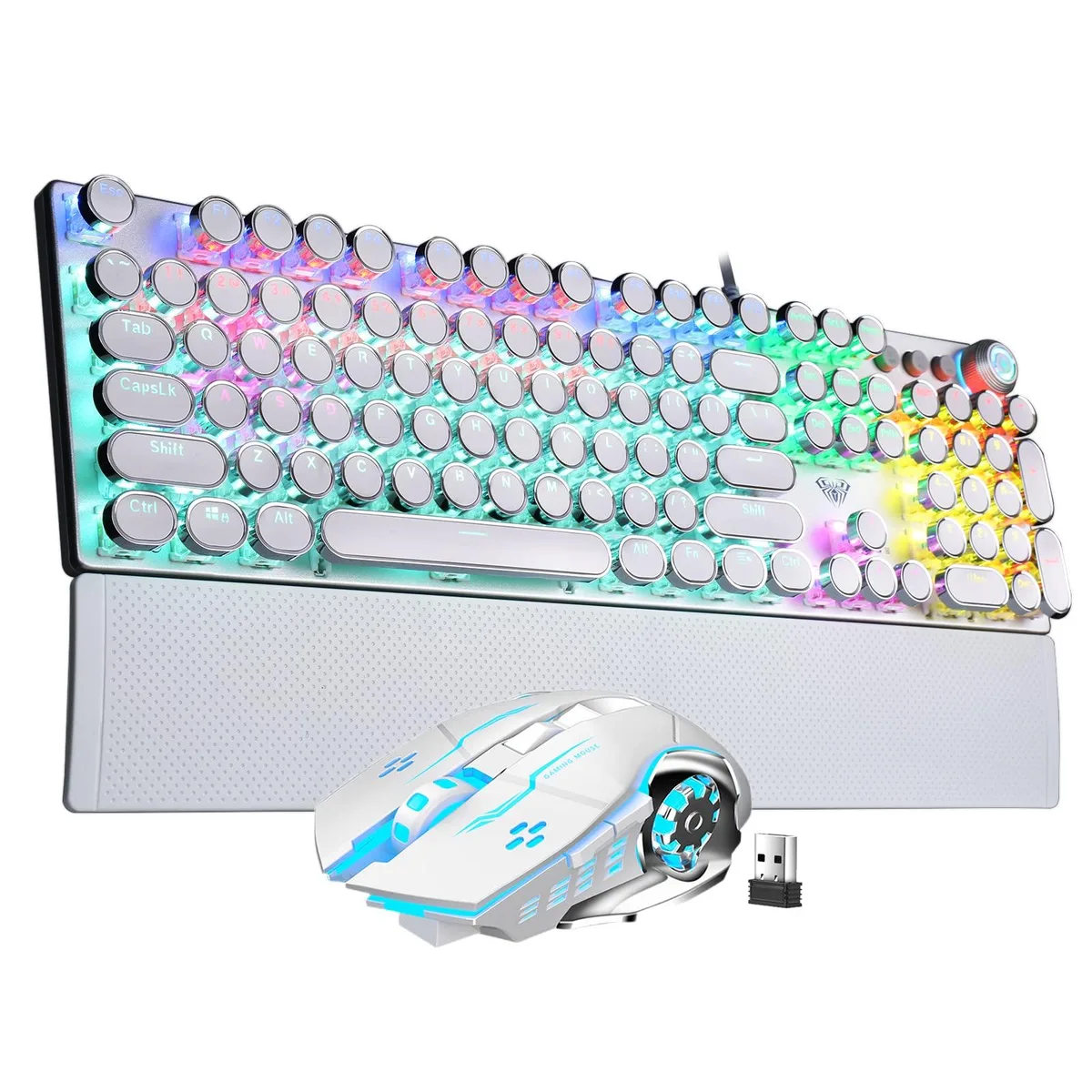White gaming keyboard with round keycaps, aluminium panel, media knob and detachable wrist rest