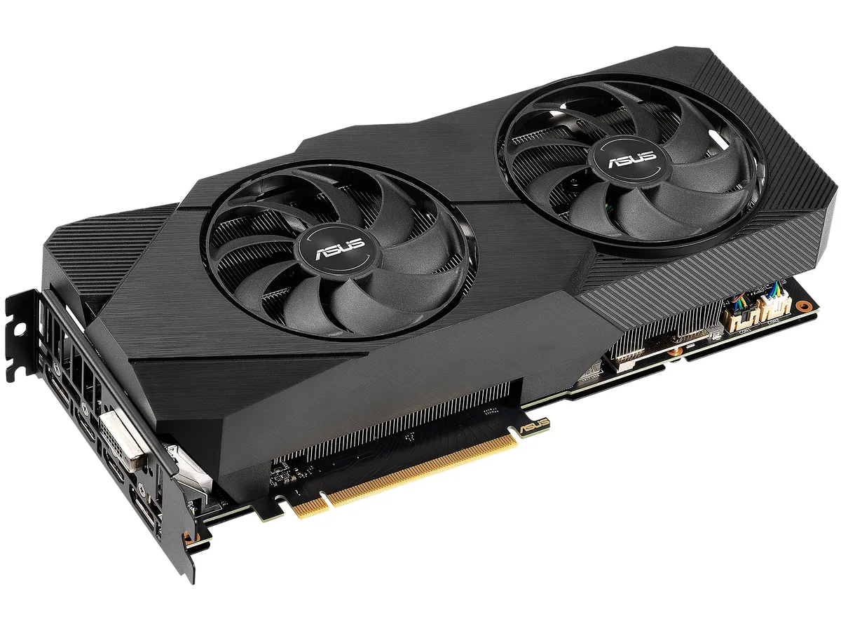 ASUS Dual GeForce RTX 2070 graphics card with two axial fans and a metal backplate