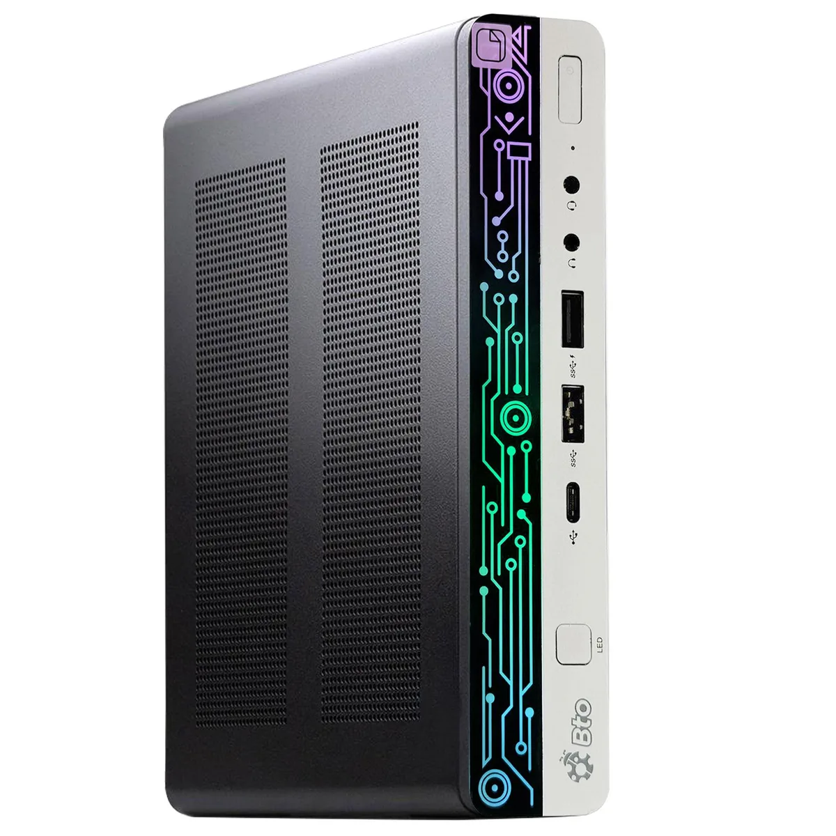 Compact black mini PC with RGB keyboard and mouse