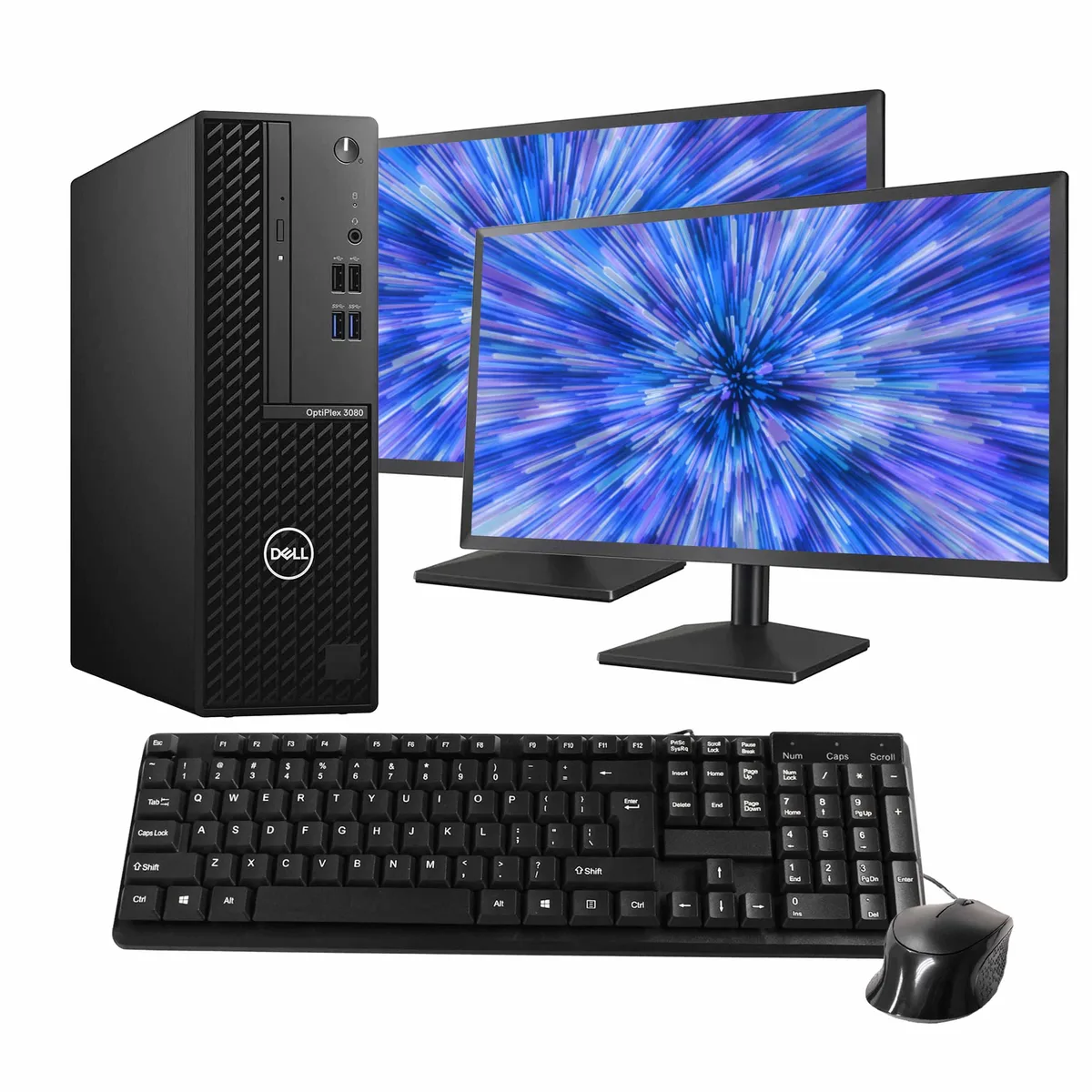 Black Dell OptiPlex 3080 tower with dual 24 inch monitors keyboard and mouse