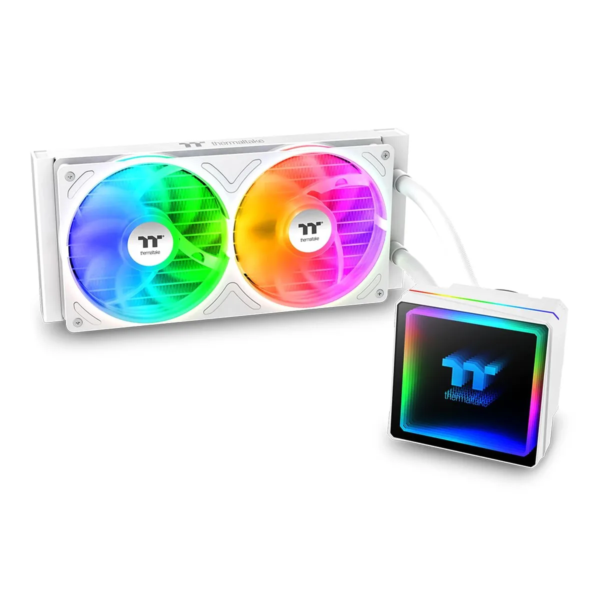 White 240 mm liquid cooler with rotatable pump head, infinity mirror ARGB top, and dual 120 mm fans in single frame
