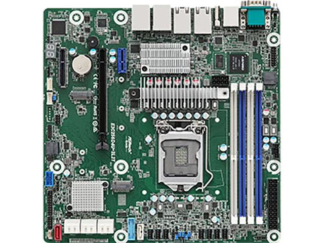 Green Micro-ATX server board with silver CPU socket, four black DDR4 slots, three PCIe slots, two M.2 sockets, eight SATA ports