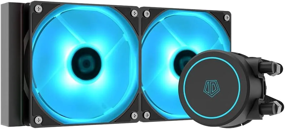 Black 240mm AIO liquid cooler with two 120mm RGB PWM fans and illuminated pump head