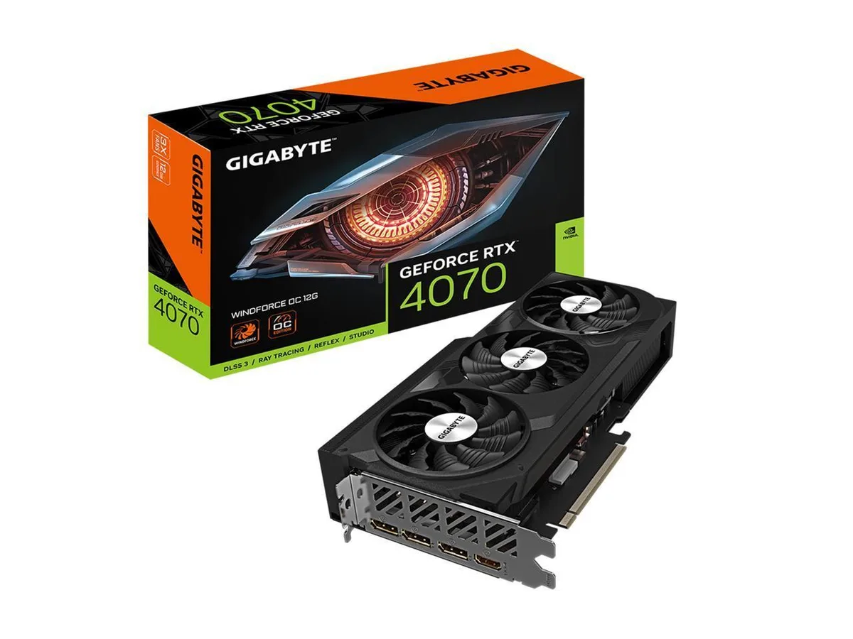 GIGABYTE RTX 4070 Windforce OC triple-fan graphics card in silver and black finish