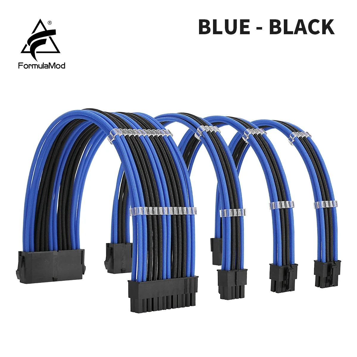 Blue PSU extension cable kit with 24-pin ATX, two 8-pin PCI-E and one 8-pin CPU connectors, 300 mm length, 18 AWG wires, includes combs